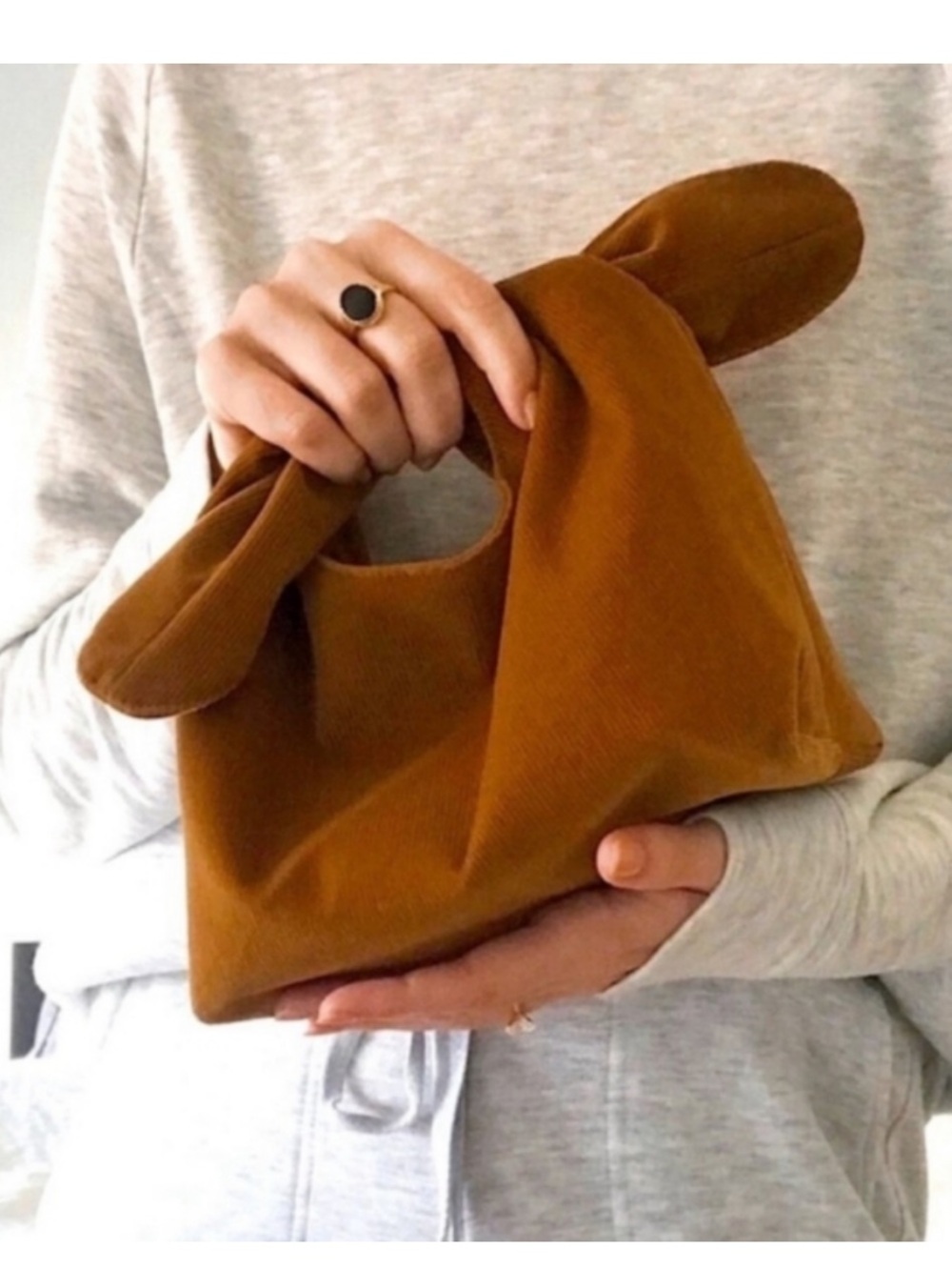 Merit Knot Tie Cosmetic Bag Caramel Corduroy Tan Knotted Handle